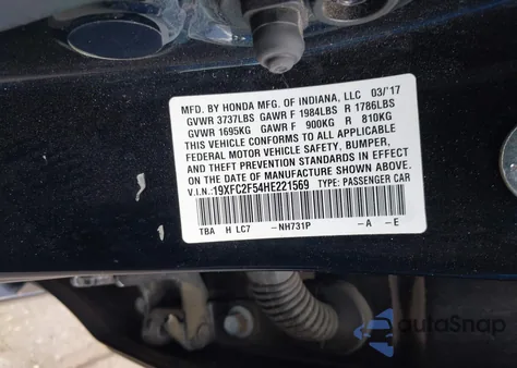 2017 Honda Civic Lx из США, поврежденный, VIN 19XFC2F54HE221569